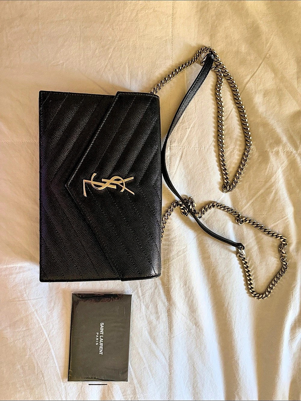 Saint Laurent Monogram Chain Wallet in Grain de Poudre Embossed Leather Black